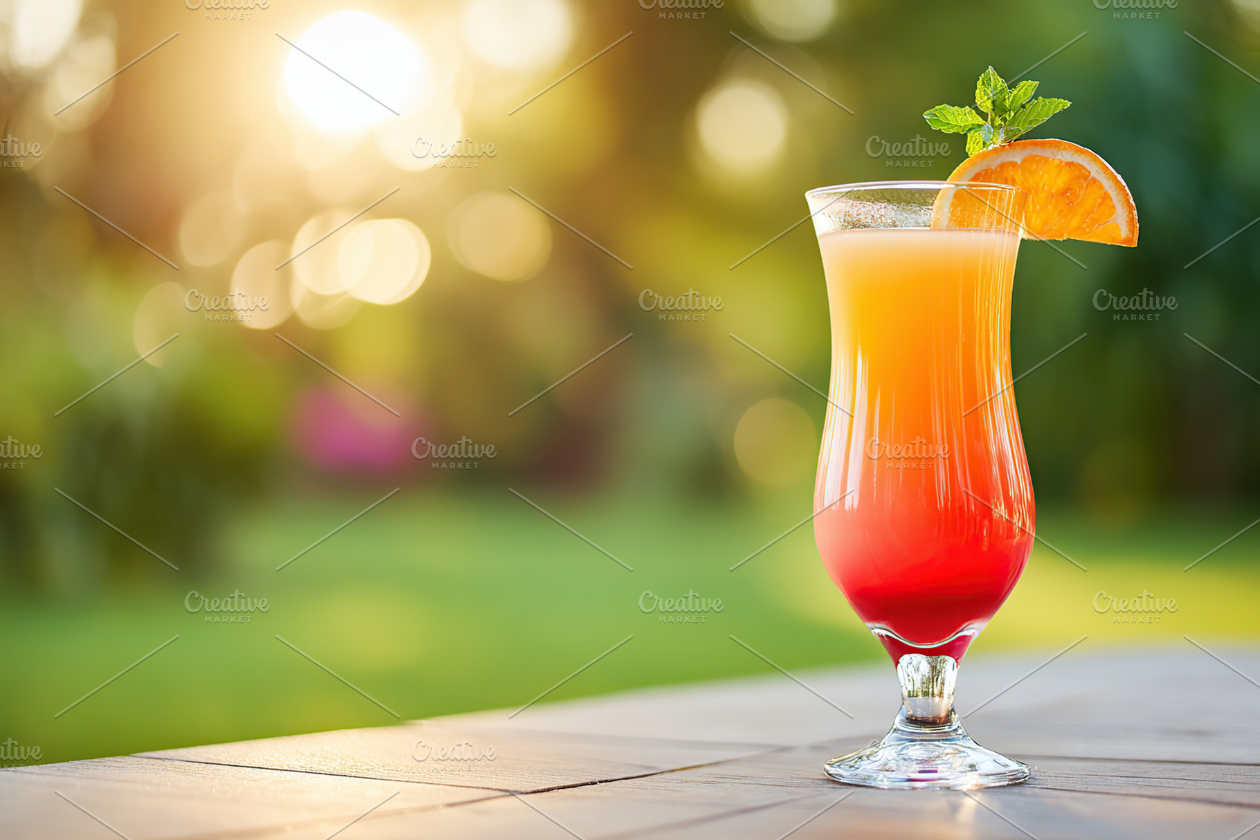 Colorful tropical drink served in a tall glass during golden hour in a garden, a Food & Drink Photo by AlyaAnd