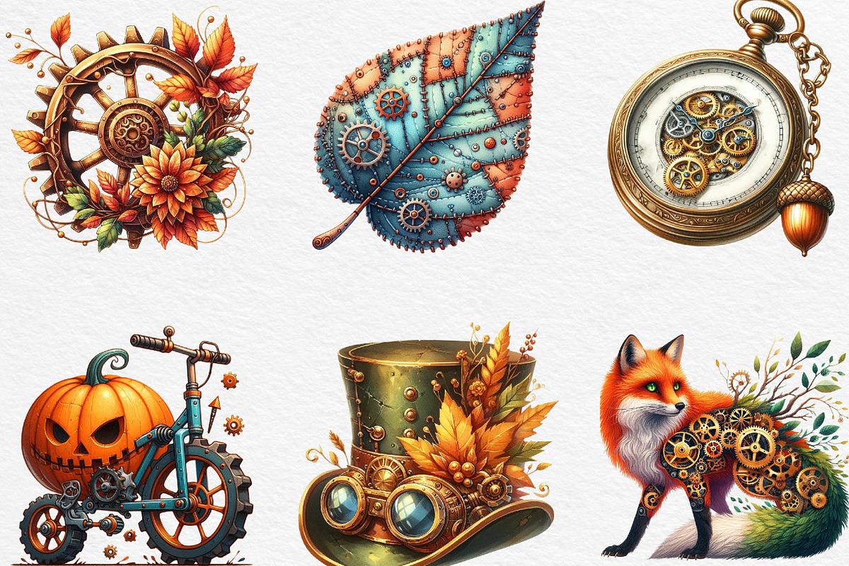 Watercolor Steampunk Autumn Clipart, an Illustration by Black Bird Studio (Photo 3 of 6)