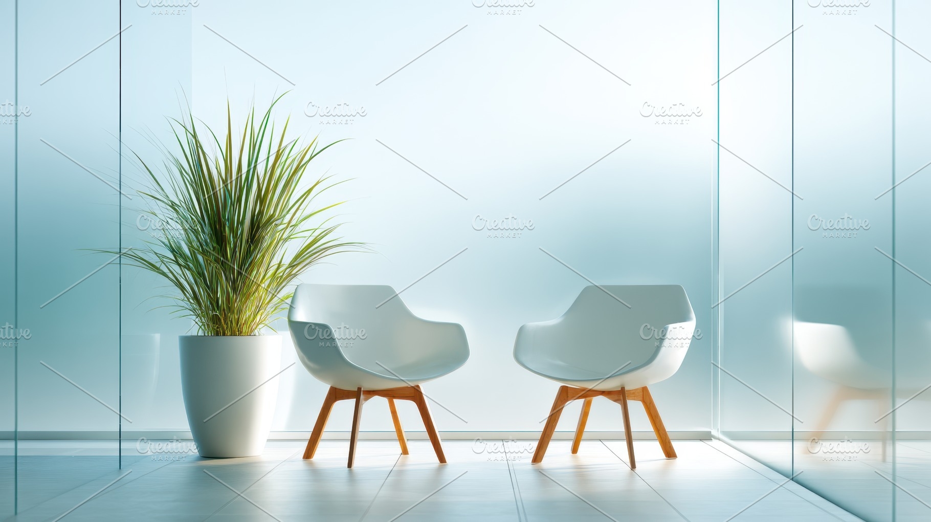 Modern interior with white chairs and green plant, a Business Photo by AlyaAnd