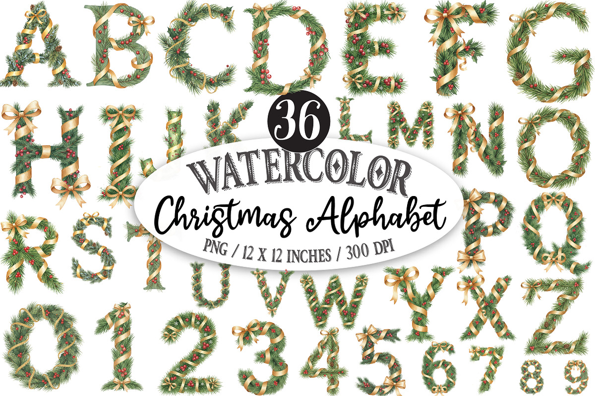 Watercolor Christmas Alphabet, an Illustration by Designking (Photo 1 of 5)