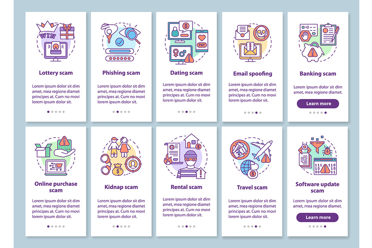 Scam types mobile app pages set, a Templates & Theme by IMG Visuals