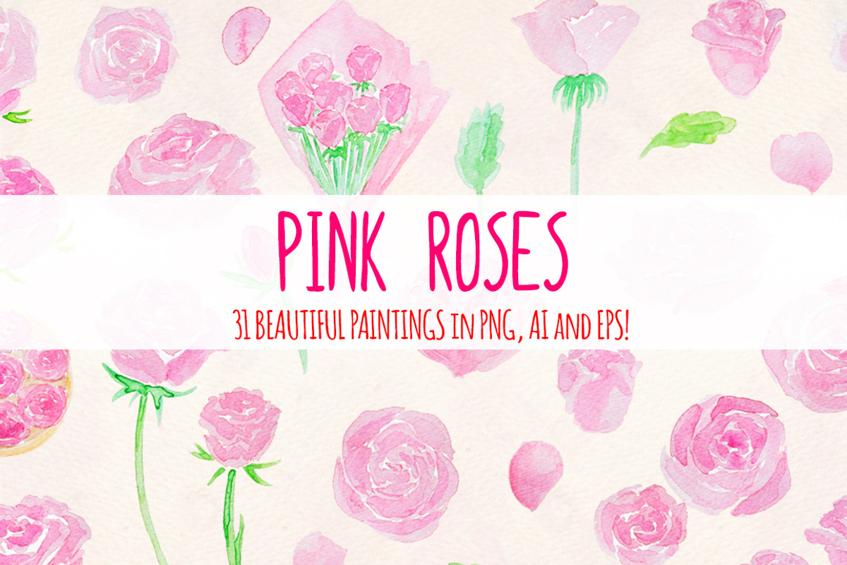 31 Pink Roses Watercolor Graphics, a Seasonal Illustration by Violet LeBeaux (Photo 1 of 3)