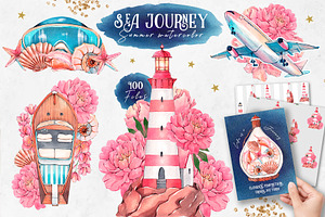 Sea journey. Summer watercolor set