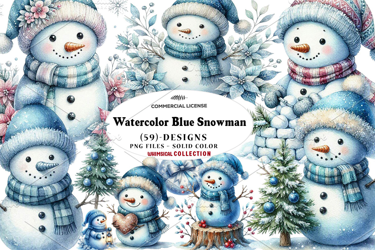 Watercolor Blue Snowman, a Seasonal Illustration by CreationArt (Photo 1 of 7)