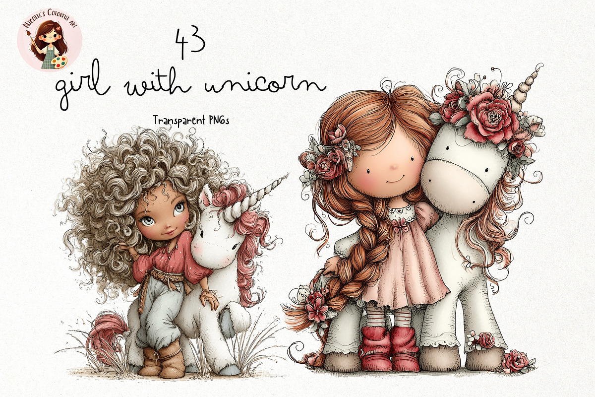Girl With Unicorn Watercolor Clipart, a Person Illustration by Nicolle's Colorful Art (Photo 1 of 4)