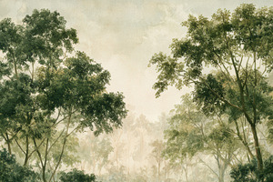 Verdant Misty Woodland Wallpaper, a Decorative Illustration by Virgo Studio