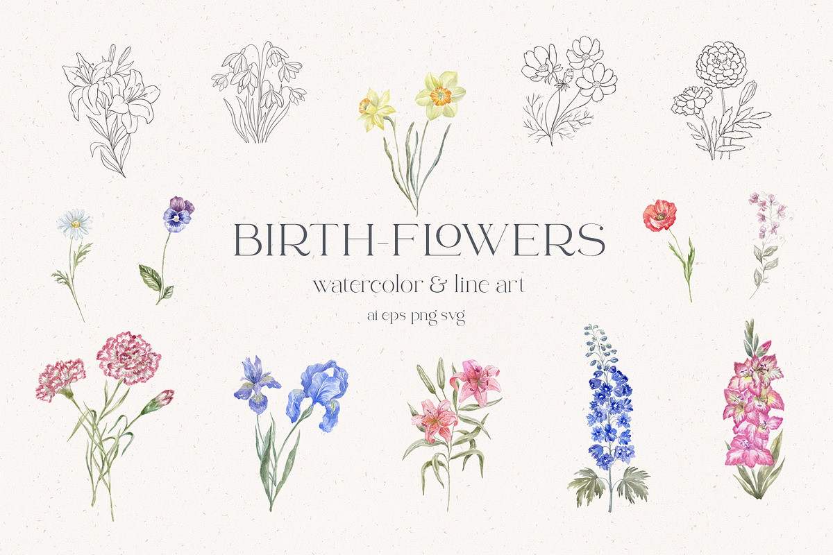 Birth-Flowers. Watercolor & Line Art, a Decorative Illustration by Designwork (Photo 1 of 14)