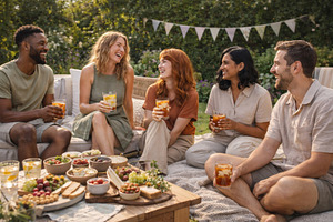 Outdoor summer party with friends en, a Photo by Dvoevnore photos