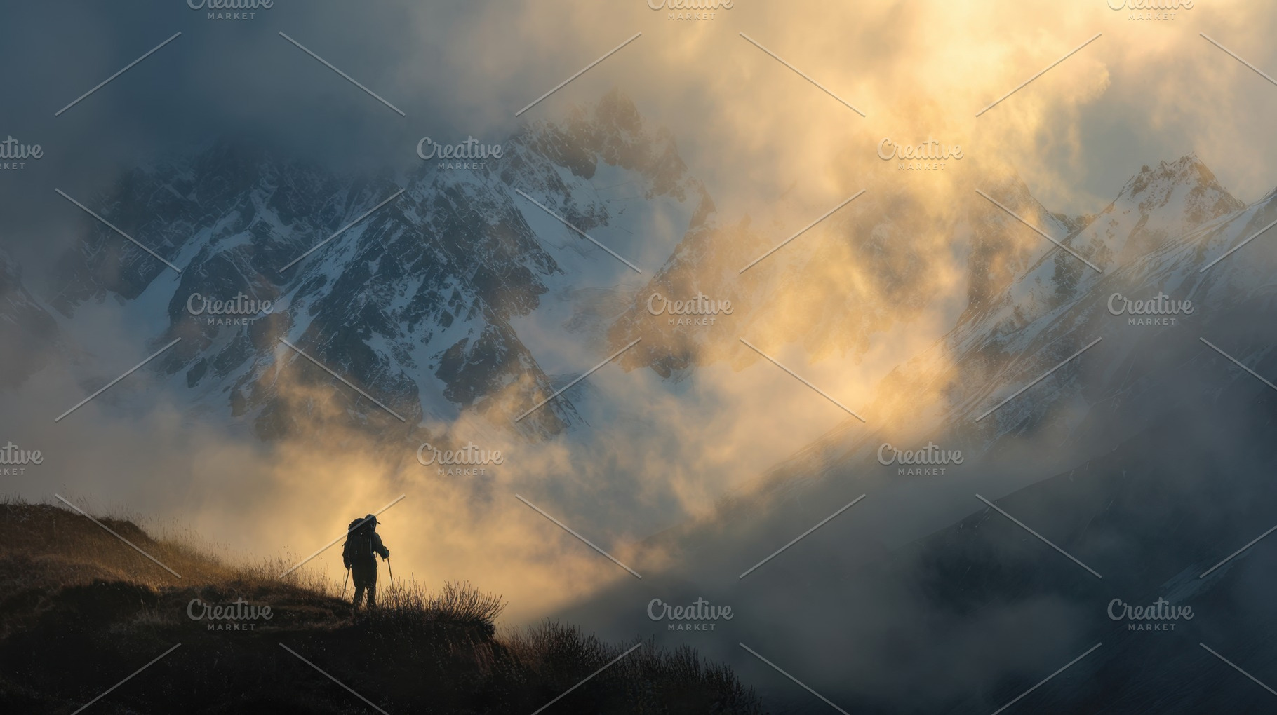 Hiker at sunset on peak, a Photo by Beautiful things