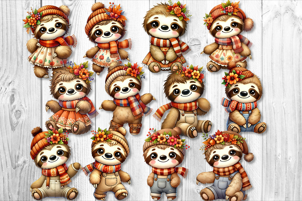Cute Autumn Sloth Clipart Set, a Seasonal Illustration by V Design Creator (Photo 9 of 9)
