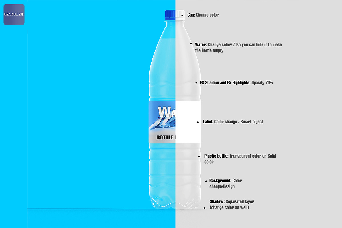 Plastic transparent bottle mockup, a Cups & Container Mockup by GraphicVil (Photo 3 of 9)