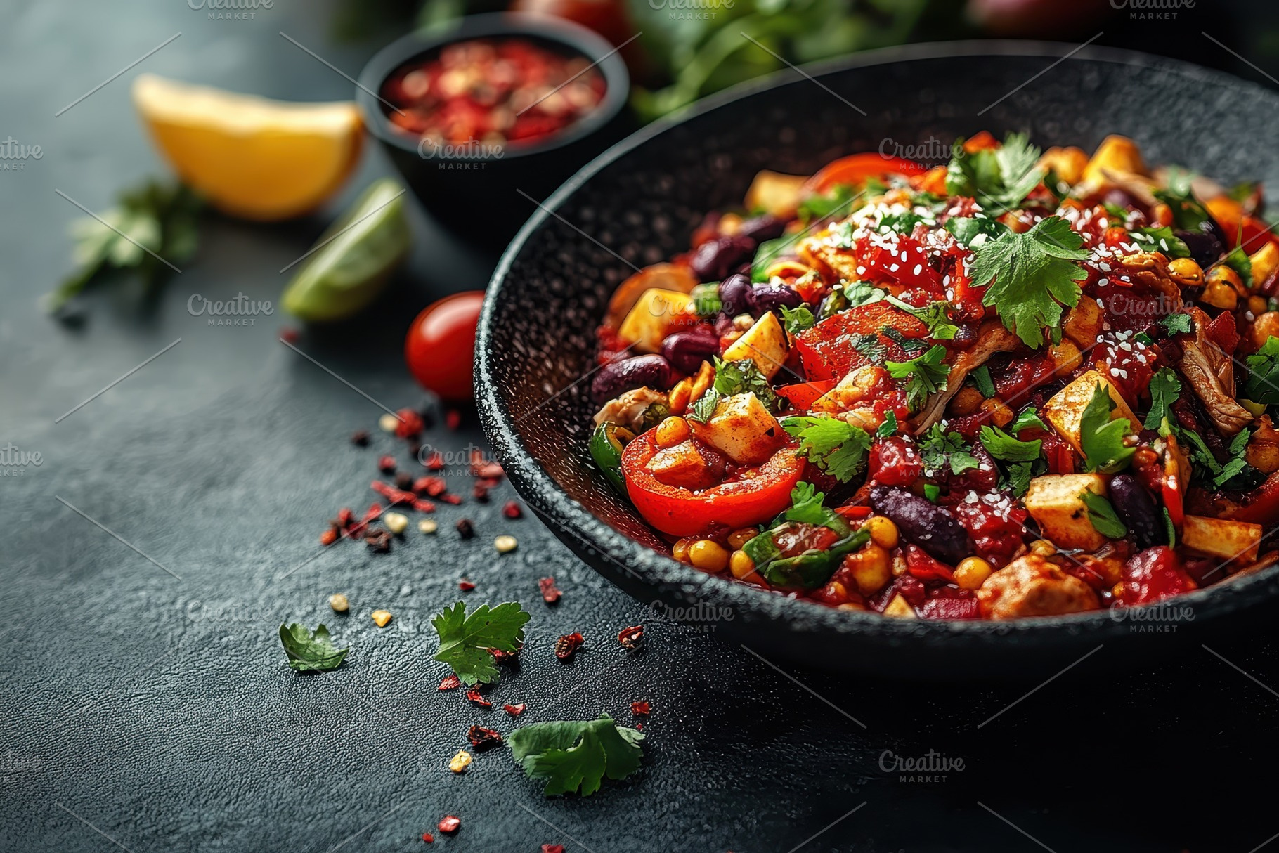 Colorful bowl of spicy chili with fr, a Photo by Tanuart