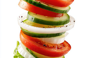 Vibrant sliced vegetables in mid-air, a Food & Drink Photo by AlyaAnd