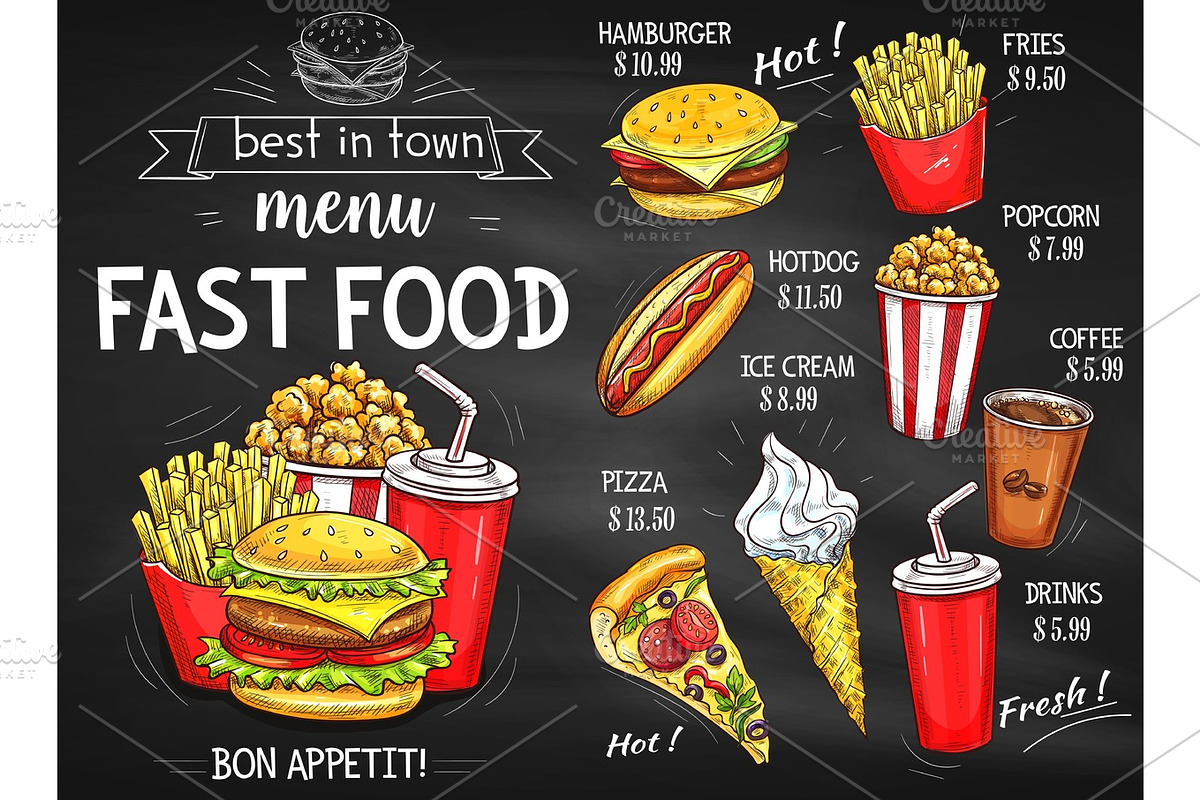 Fast food restaurant menu chalkboard design, a Background Graphic by Vector Tradition