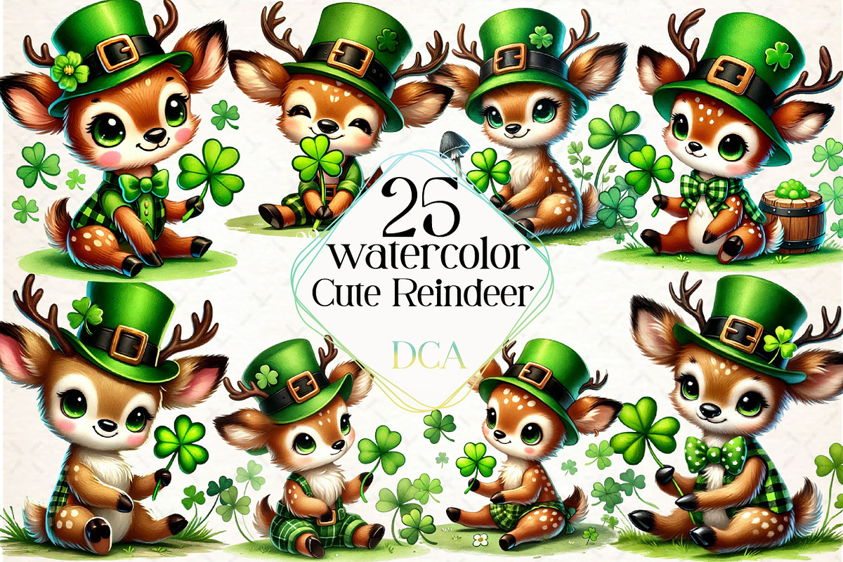 St. Patrick's Day Cute Reindeer Clip, an Illustration by DreamCafeArt (Photo 1 of 4)