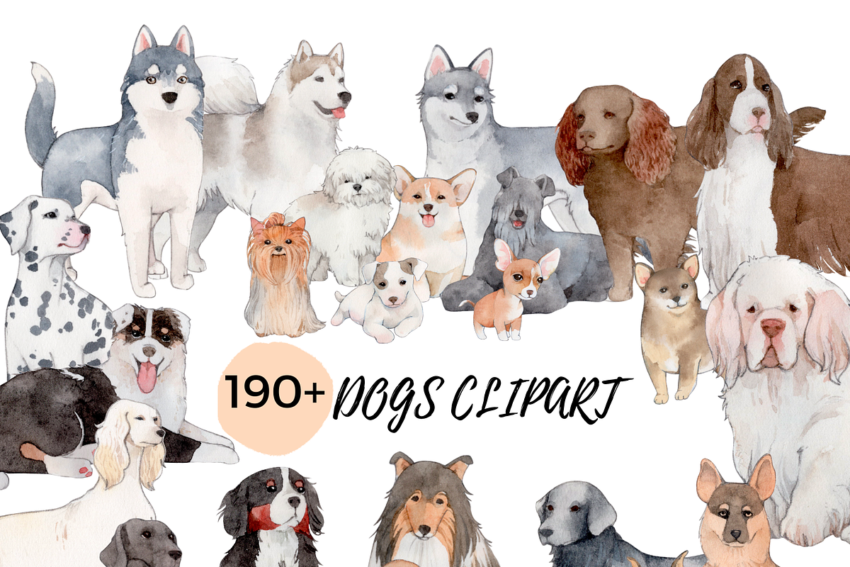190+ Hand-drawn Watercolor Dogs, an Animal Illustration by ArtbyHien (Photo 1 of 12)