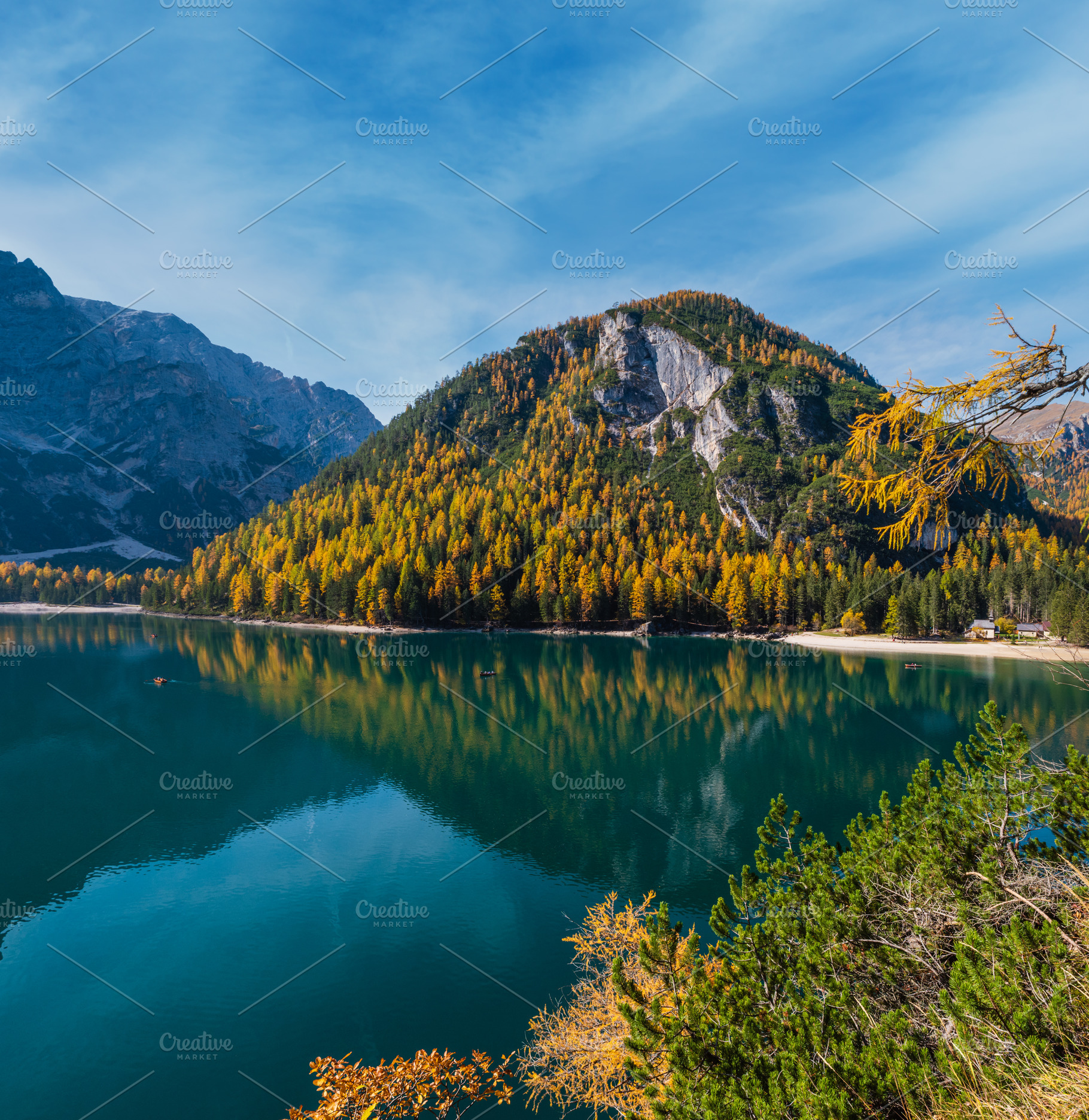 Autumn peaceful alpine lake Braies or Pragser Wildsee. Fanes-Sen, a Nature Photo by YuriyB