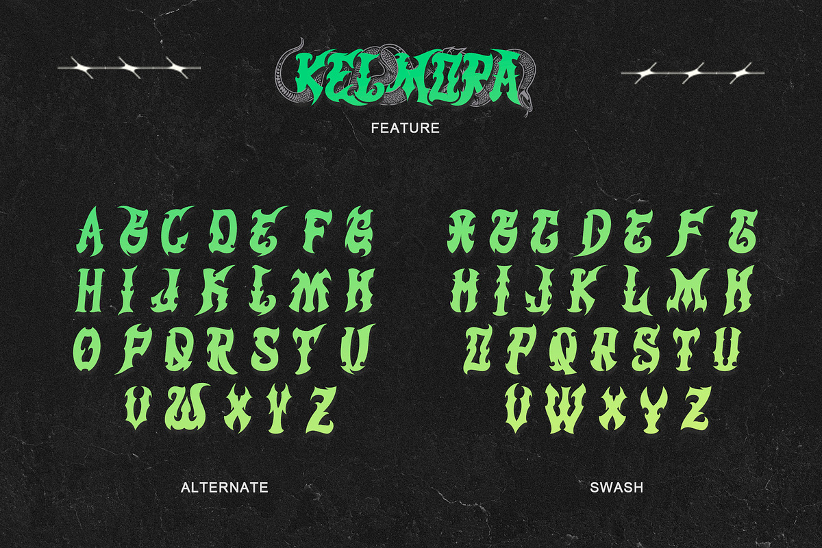 Kelmora - Retro Gothic Tattoo Font, a Blackletter Font by Letterara (Photo 11 of 15)