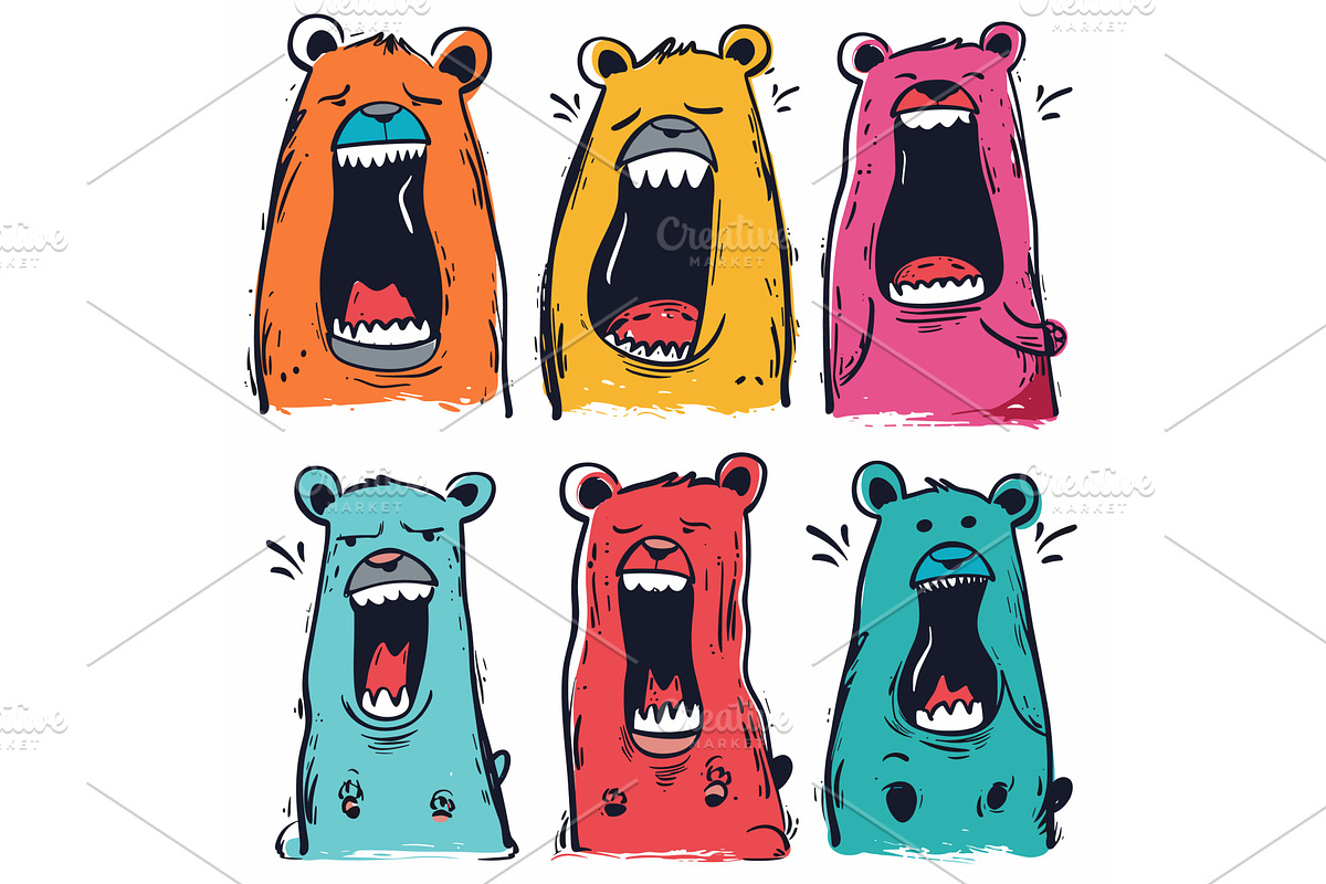 Six cartoon bears various, an Animal Illustration by Vectorstockersland