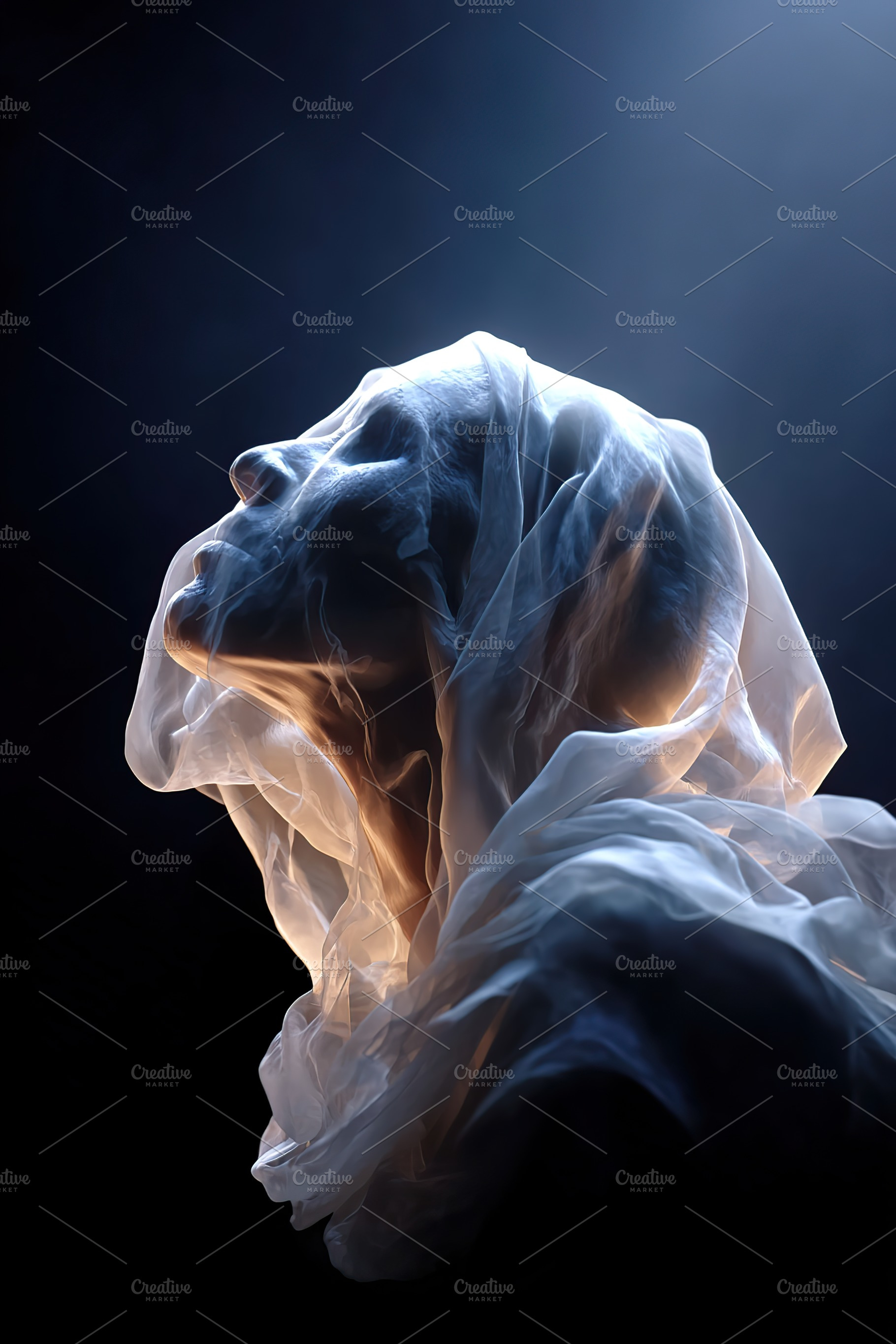 Ethereal figure shrouded in flowing fabric illuminated by soft light, an Arts & Entertainment Photo by AlyaAnd