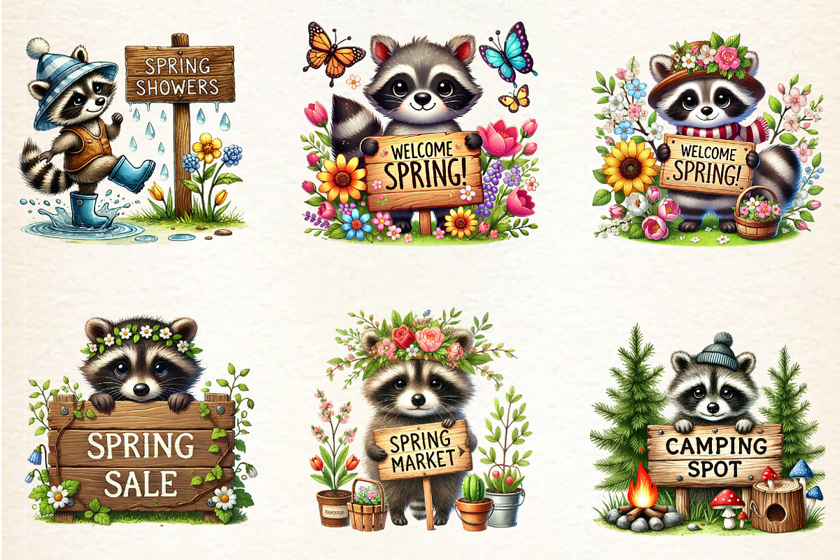 Spring Raccoon Wooden Signs Clipart, a Seasonal Illustration by DreamArtGraphic (Photo 2 of 5)