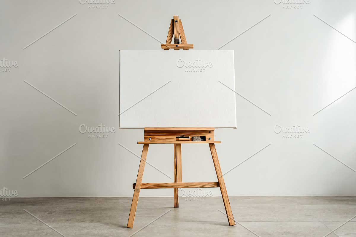 easel with a white canvas, a Mockup by VetalStock