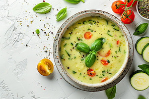 Zucchini cream soup puree in bowl on white background, a Food & Drink Photo by AlyaAnd