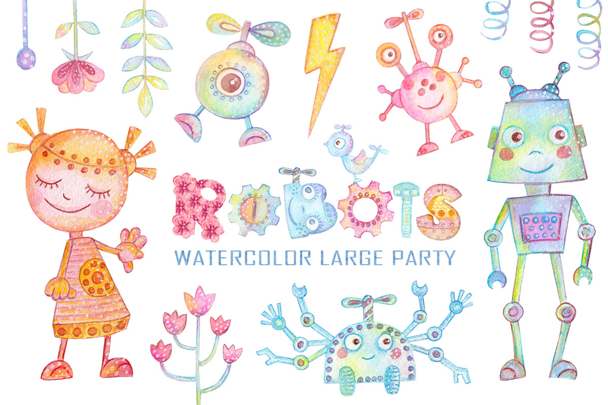 Watercolor Robots Party, an Animal Illustration by antuanetto (Photo 1 of 15)