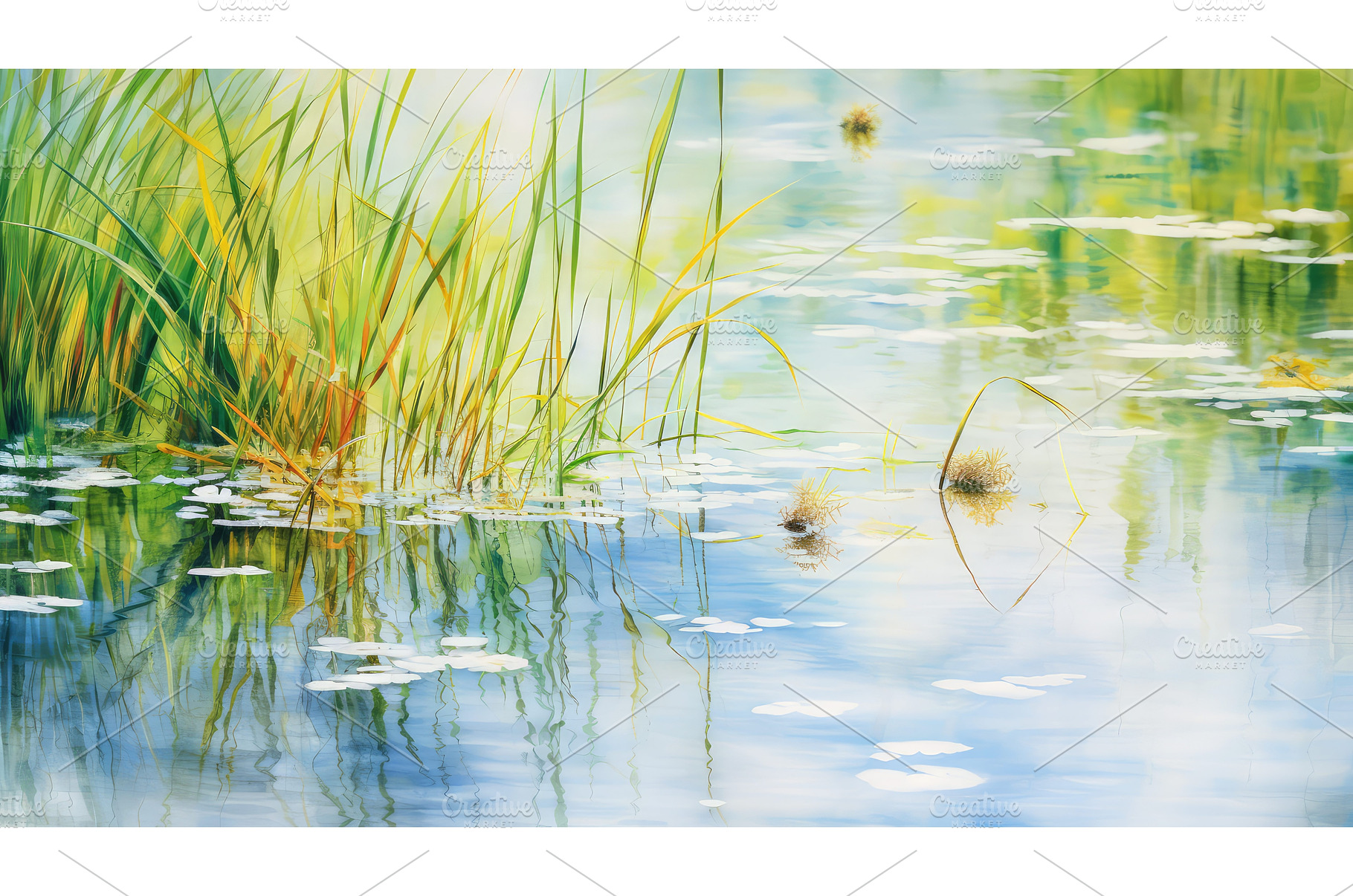 calm water color grass ai generated, a Nature Photo by pikepicture