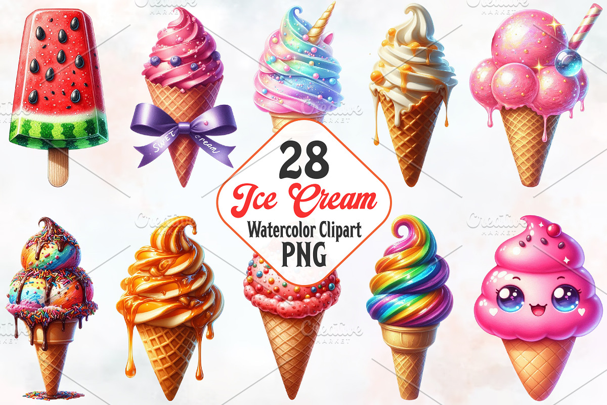 Ice Cream Watercolor Cliparts, an Illustration by RobertsArt (Photo 1 of 8)