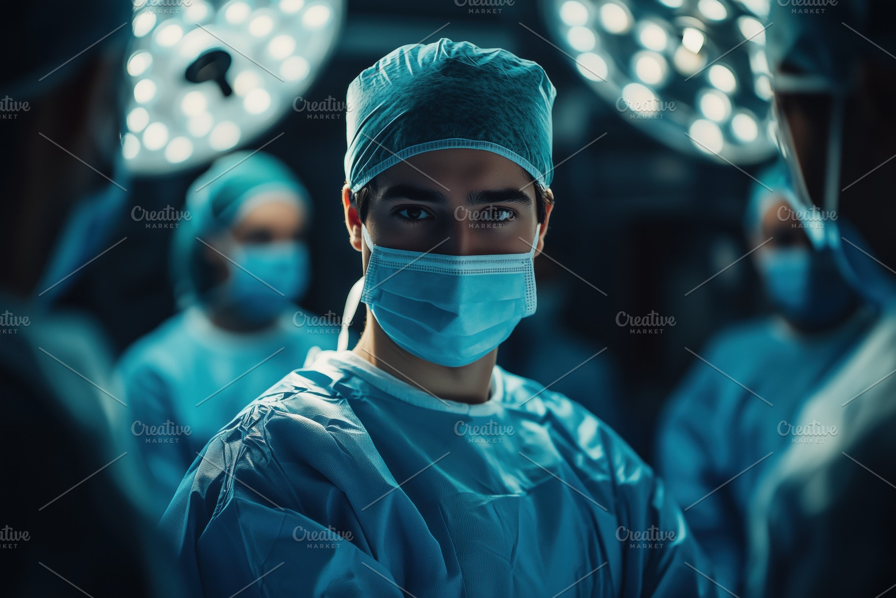 A focused neurosurgeon surgeon in scrubs and a surgical mask, surrounded by a t, a Person Photo by Textures & Backgrounds