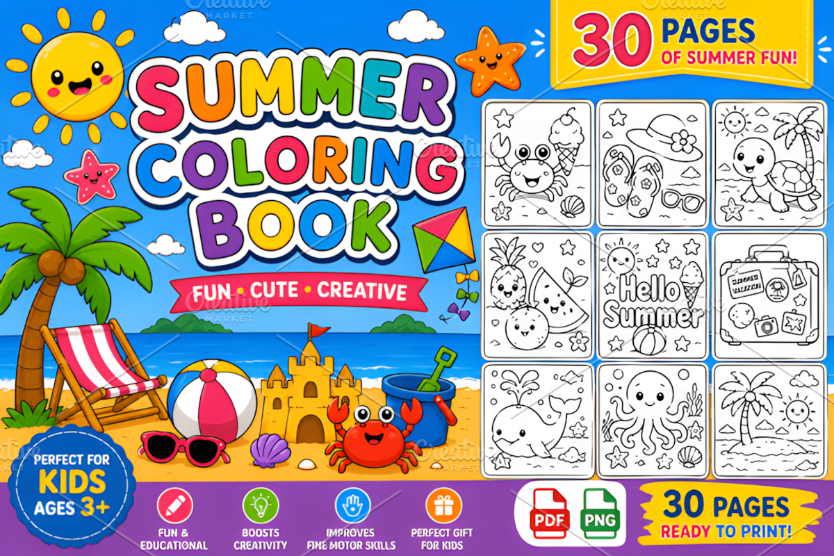 Summer Coloring Book for Kids, a Seasonal Illustration by Design Station (Photo 1 of 3)