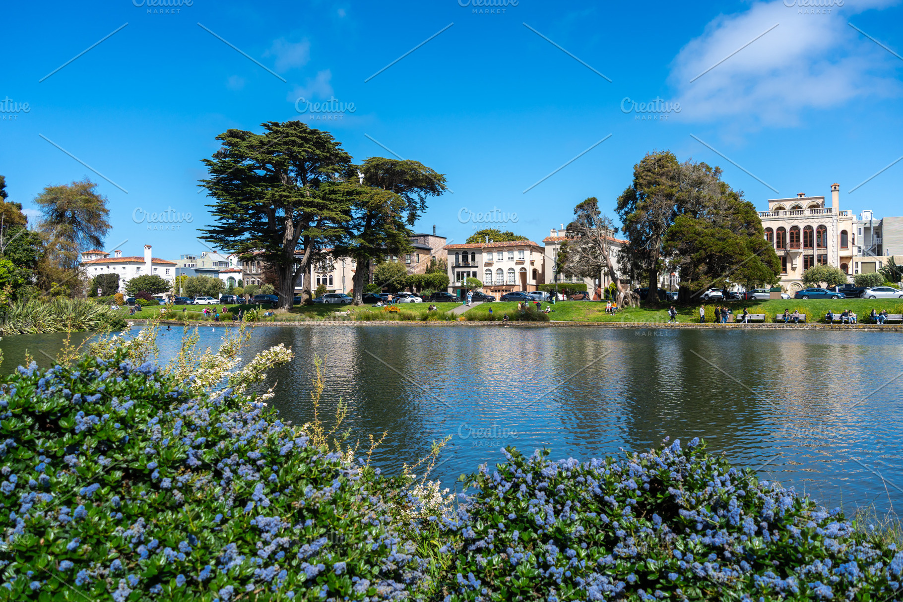 Pond at Palace of Fine Arts with scenic houses, San Francisco, U, an Architecture Photo by GoodGoods