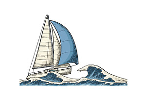 Sailing ship sails in stormy sea
