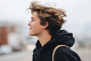 Smiling young person with windswept, a Person Photo by MistyDay