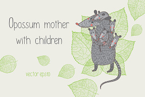 Opossum mother with children card