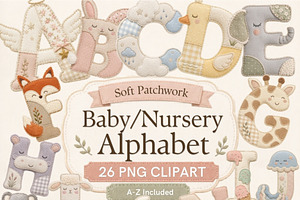 Soft Patchwork Baby Alphabet PNG, a Seasonal Illustration by Tanya Kart