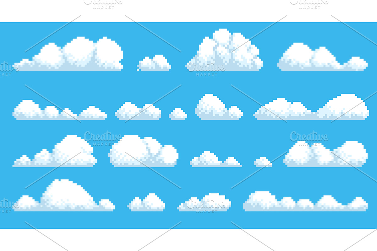 Pixel clouds. Retro game graphic, an Illustration by YummyBuum