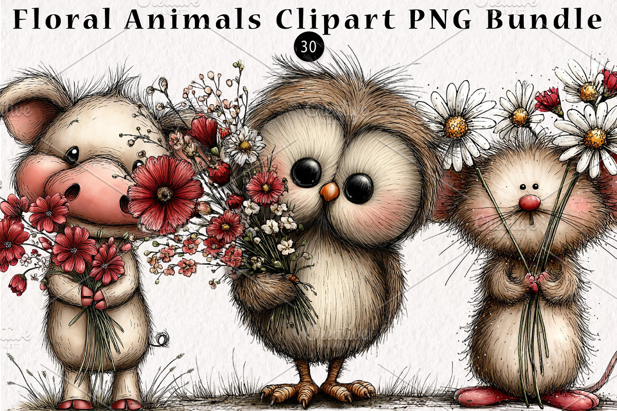 Floral Animals Clipart PNG Bundle, a Seasonal Illustration by CreationArt (Photo 1 of 5)