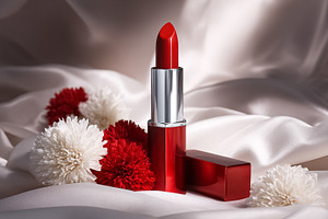 Red lipstick tube opening showing the product, placed on draped, a Photo by Studio ANNA