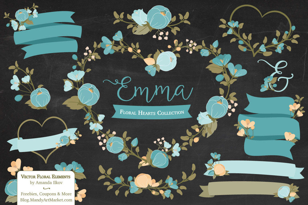 Vintage Blue Floral Heart Clipart, an Illustration by Amanda Ilkov (Photo 2 of 5)