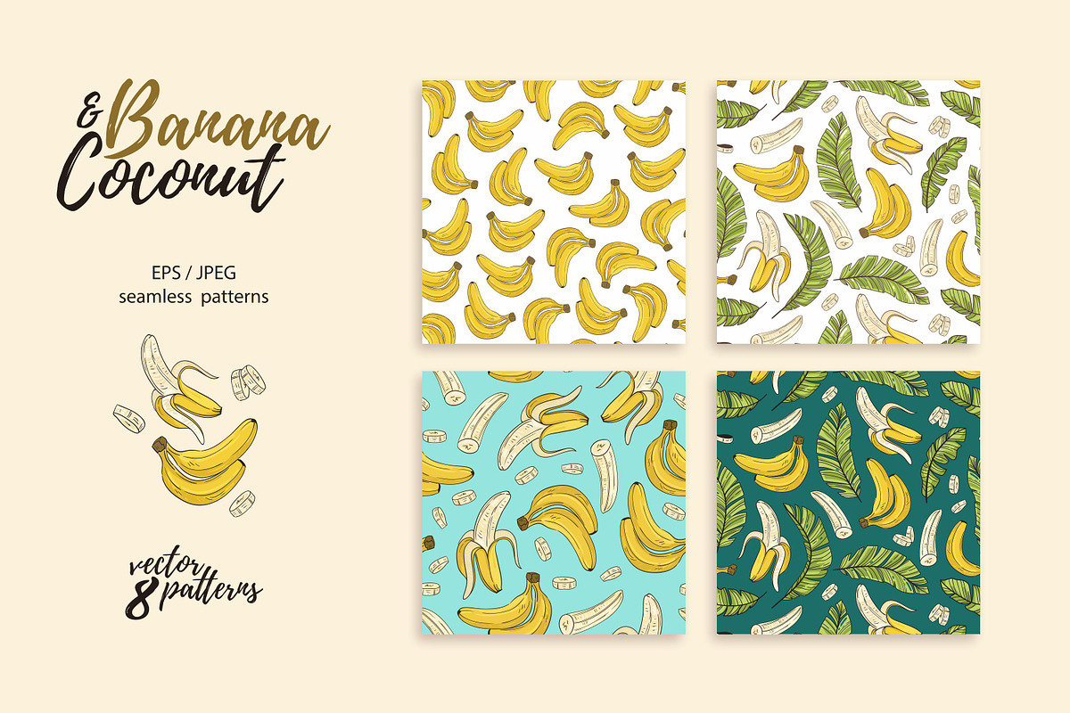 Banana & Coconut seamless patterns, a Pattern Graphic by Alenkakarabanova (Photo 5 of 8)