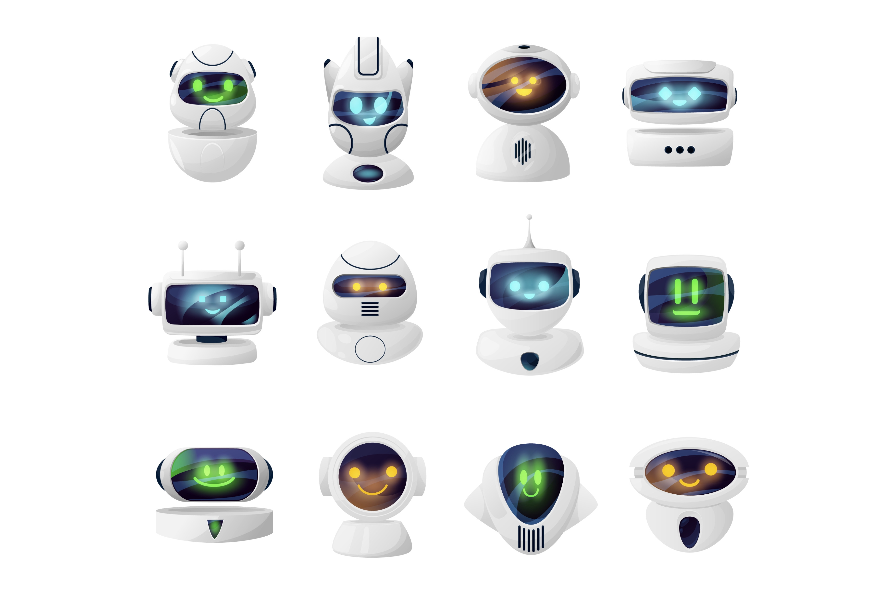 Chatbots Robots, Androids Heads, A Technology Illustration By Vector 