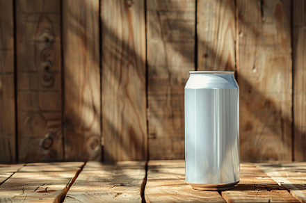 Blank aluminum can on wooden background, a Food & Drink Photo by AlyaAnd