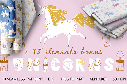 Unicorn pattern + BONUS 98 elements, a Pattern Graphic by Lineli