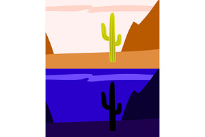 Lonely Saguaro Cactus In The Desert, Day And Night View, Vector