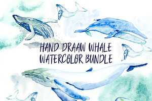 Hand-drawn watercolor whale bundle