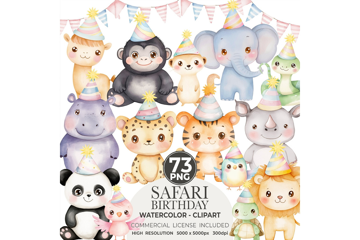 Safari Birthday Watercolor Clipart, an Illustration by CharmClipart (Photo 1 of 8)