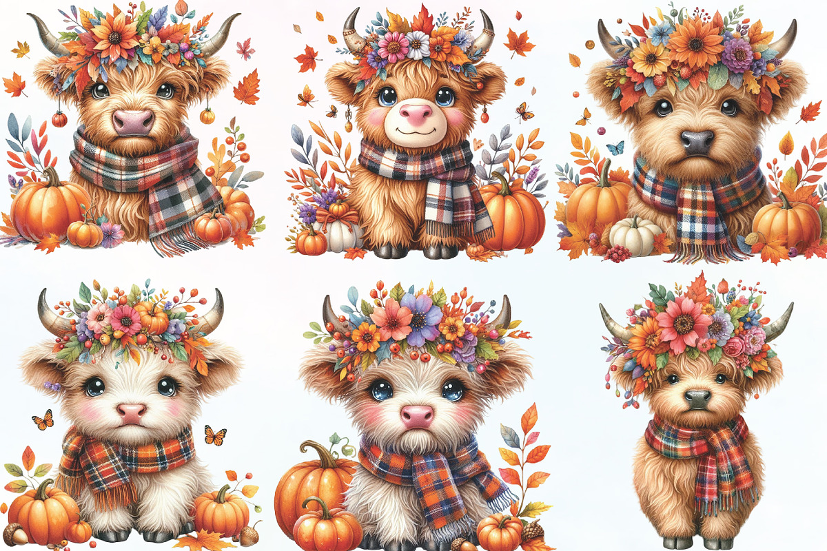 Autumn Fall Highland Cow Clipart, an Illustration by CraftArtStudio (Photo 2 of 6)