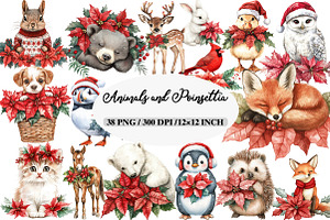 Christmas Animals and Poinsettia, an Illustration by Daily.Designs